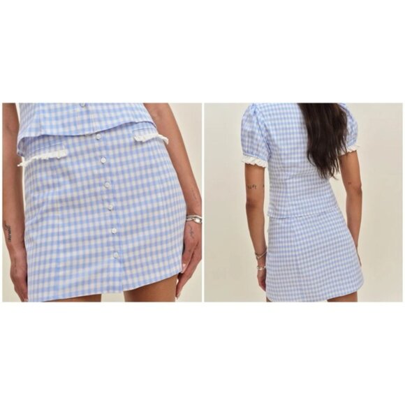 NEW Reformation Janell Two Piece Set Crystal Check Light Blue White | US 4 UK 8 - Picture 2 of 11